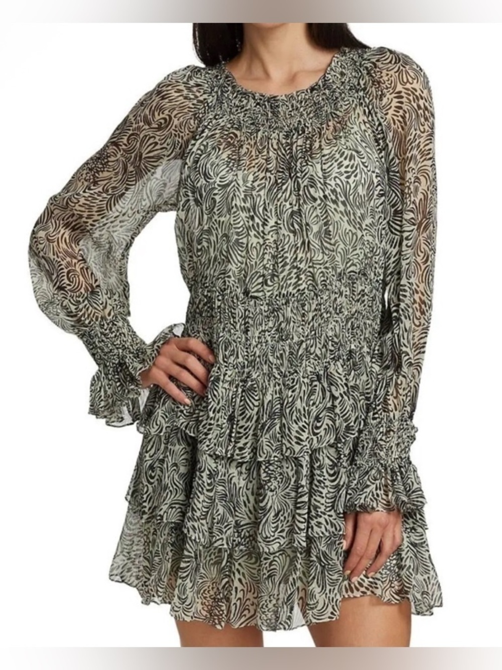 Cinq á Sept Janelle Tiered Long-Sleeve Dress in Meadow Black - Size 2